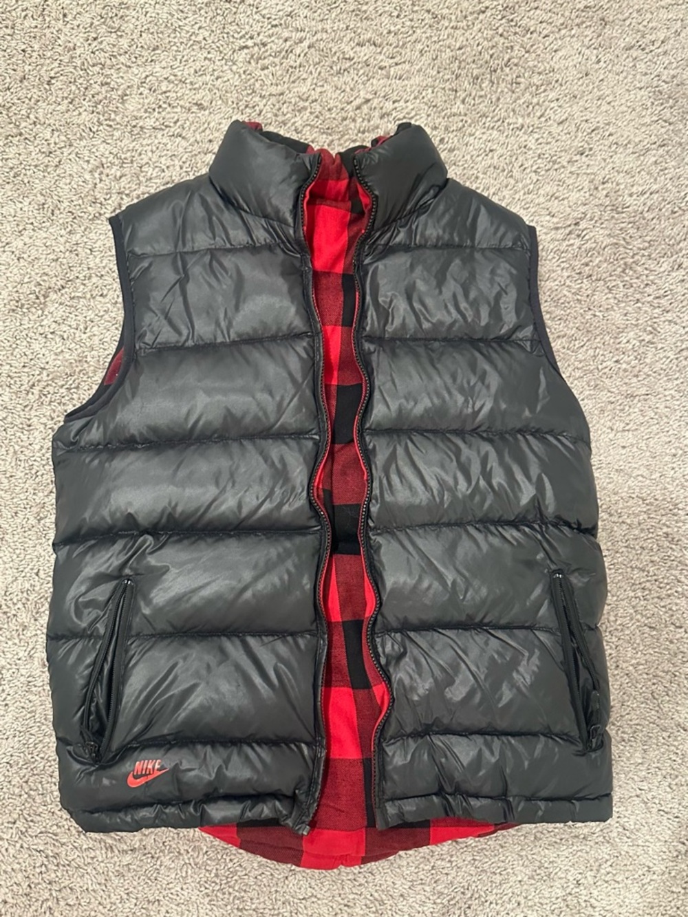 Nike Black Puffer Vest with Red Plaid Interior